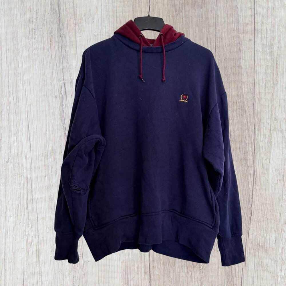Vintage Tommy Hilfiger Crest Hoodie Rugby Striped Hood Colorblock Distressed L - Picture 2 of 12